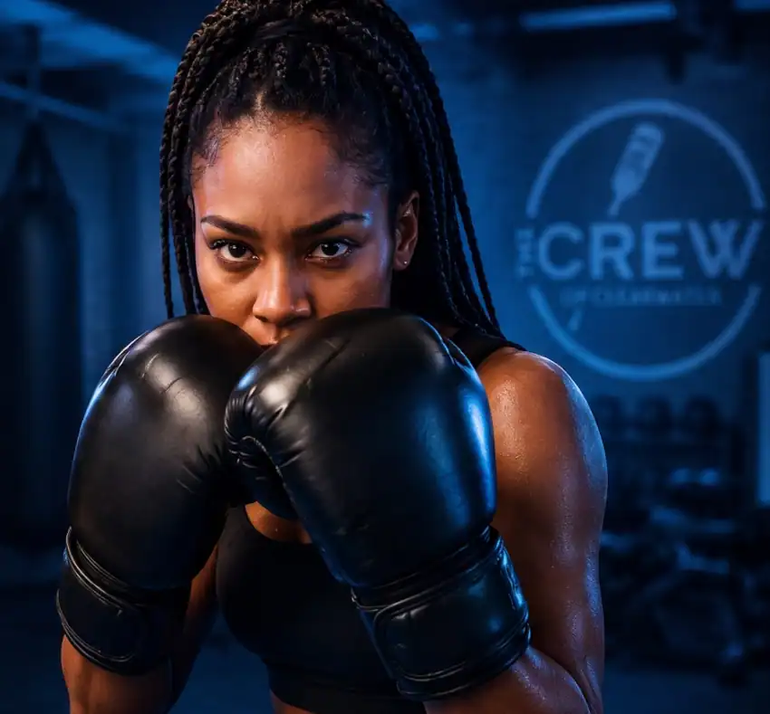 Glove on World off - young women with boxing gloves on